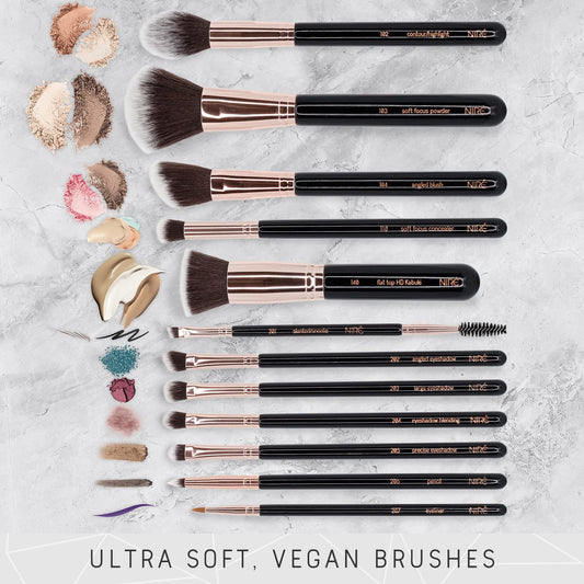 15Pcs Professional Makeup Brush Set – Vegan Brushes, Case, Sponge & Cleaner