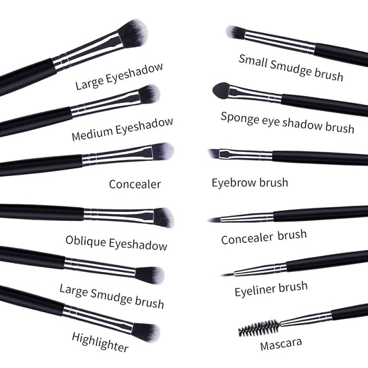 12Pcs Eye Makeup Brushes Set – Synthetic Bristles & Wooden Handles (Black)