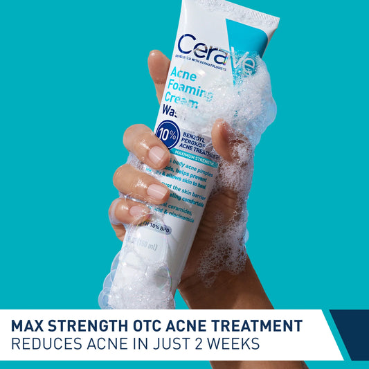 Cera Ve Acne Foaming Cream Wash with 10% Benzoyl Peroxide for Face & Body, 5 Oz