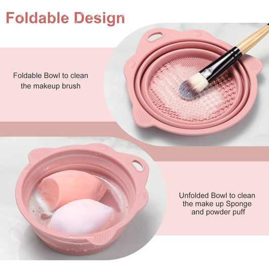 Foldable Silicone Makeup Brush Cleaner Bowl – Portable & Compact (Pink)