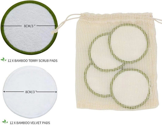 Reusable Makeup Remover Pads - 24 Pack | Eco-Friendly Bamboo Velour Pads for All Skin Types | Washable Cotton Rounds with Laundry Bag & Storage Box