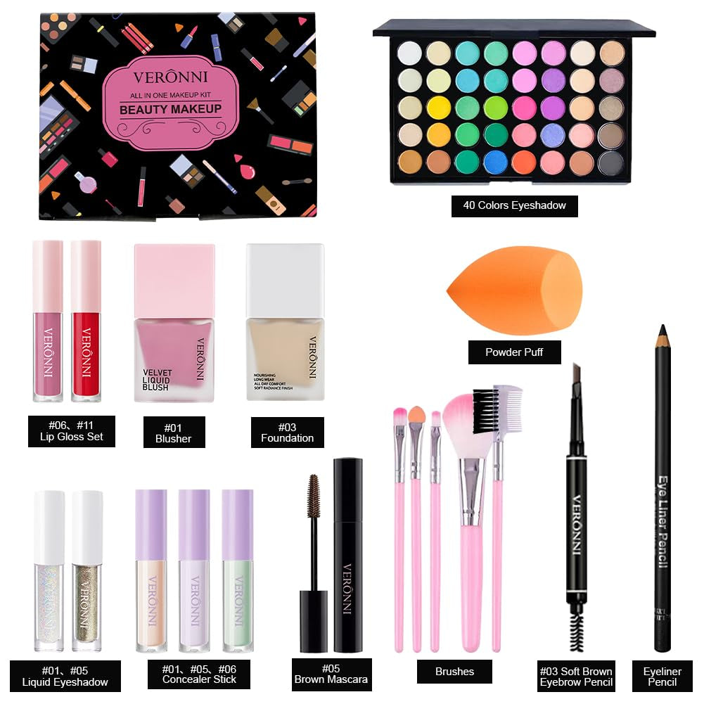 Makeup Kit for Women Full Kit, All in One Makeup Kit with Eyeshadow Eyeliner Eyebrow Lip Gloss Face Makeup & Brushes Full Starter Cosmetics Set for Girls & Teens (Set A)