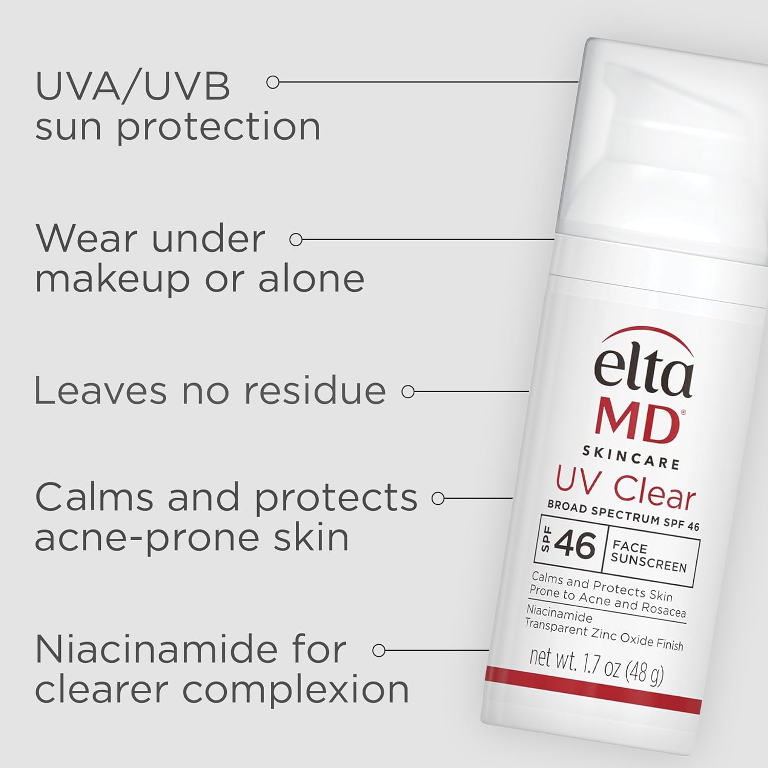 EltaMD UV Clear Face Sunscreen SPF 46, Oil Free Sunscreen for Face with Zinc Oxide, Dermatologist Recommended Lotion,1.7 oz Pump
