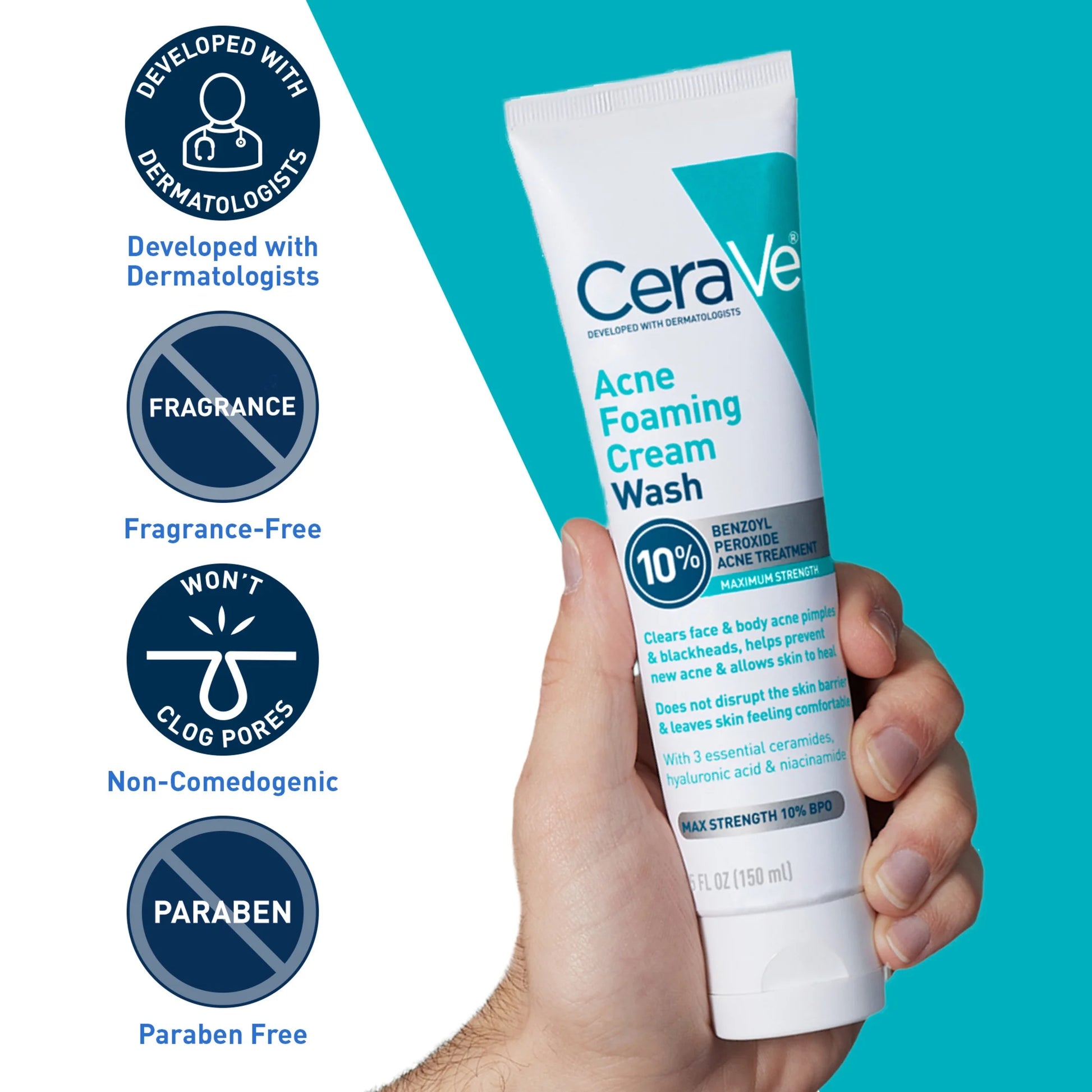 Cera Ve Acne Foaming Cream Wash with 10% Benzoyl Peroxide for Face & Body, 5 Oz