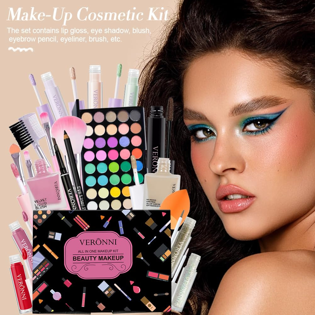 Makeup Kit for Women Full Kit, All in One Makeup Kit with Eyeshadow Eyeliner Eyebrow Lip Gloss Face Makeup & Brushes Full Starter Cosmetics Set for Girls & Teens (Set A)