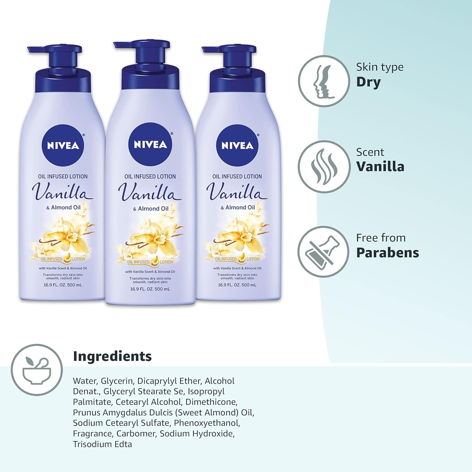 Oil Infused Vanilla and Almond Oil Body Lotion for Women, Fast-Absorbing and Non-Greasy Vanilla Scented Lotion Moisturizes for 48 Hours, 16.9 Fl Oz Pump Bottle, Pack of 3