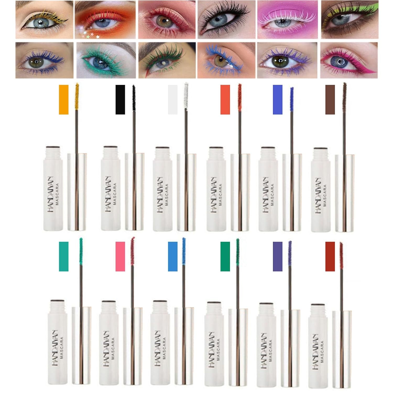 Colored Mascara Sets, 12 Colors Waterproof Colorful Mascara Gift Set, Red Pink Purple Blue White Black Colorful Mascara Charming Long Lasting Voluminous Mascara for Eyelash Eye Makeup