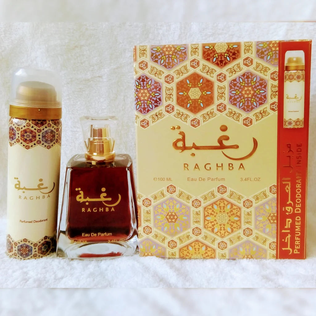 Raghba Eau de Parfum Spray 3.4 Oz (100ml) & Deodorant 1.6 Oz for Unisex