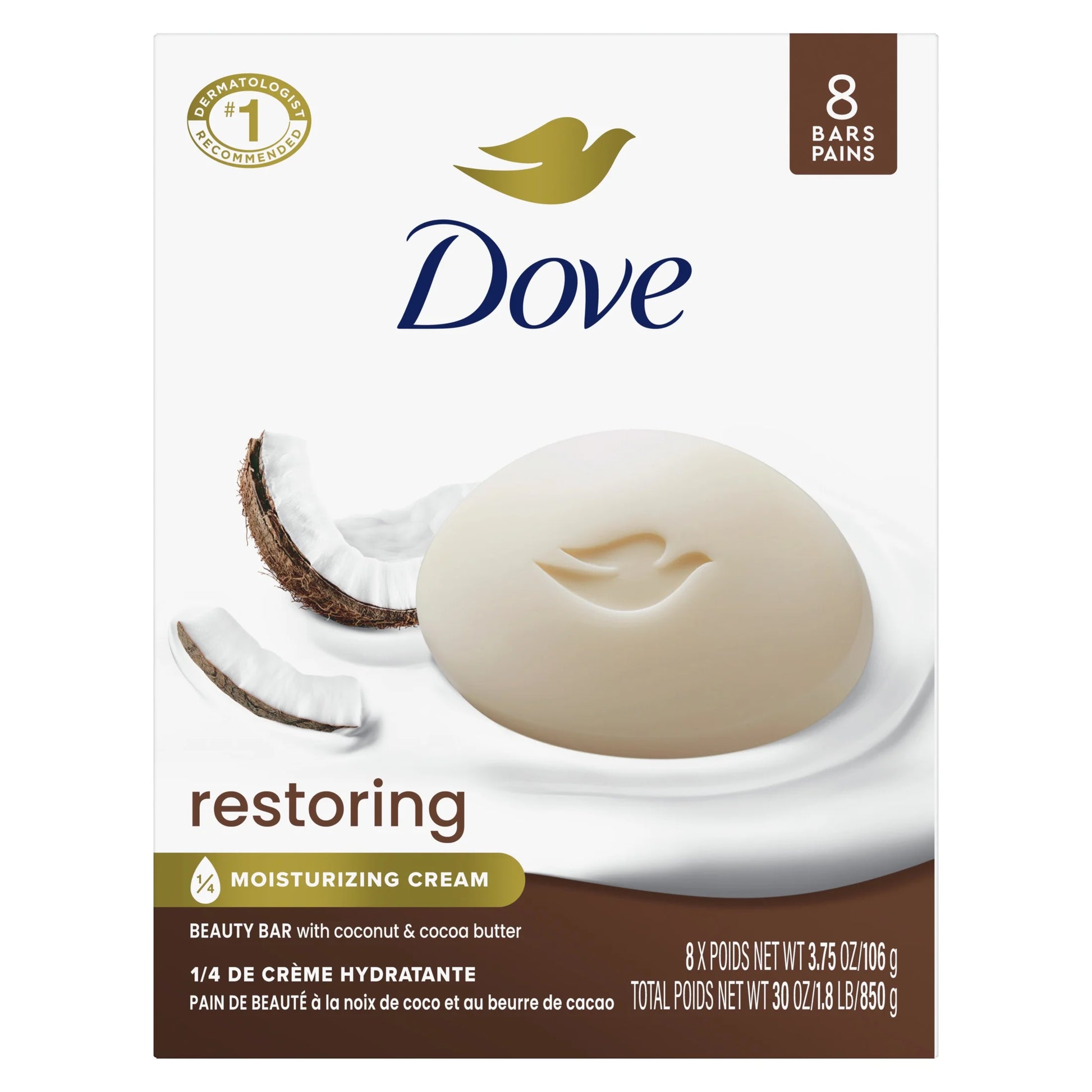 Beauty Bar Soap for Women – Restorative Coconut & Cocoa Butter Formula for All Skin Types, 3.75 oz, Pack of 8 Bars