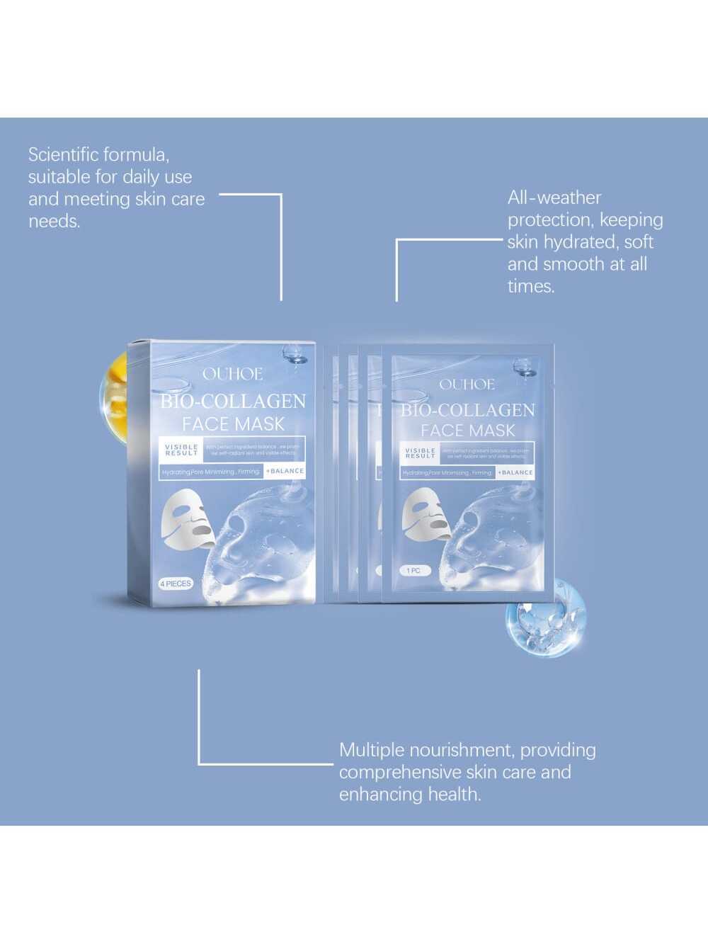 4PCS Bio-Collagen Glow Mask Overnight, Korean Deep Hydrating Firming Hydrogel Mask With Pure Collagen Films For Real Deep Mask Nourishing Experience, Suitable For All Skin Types