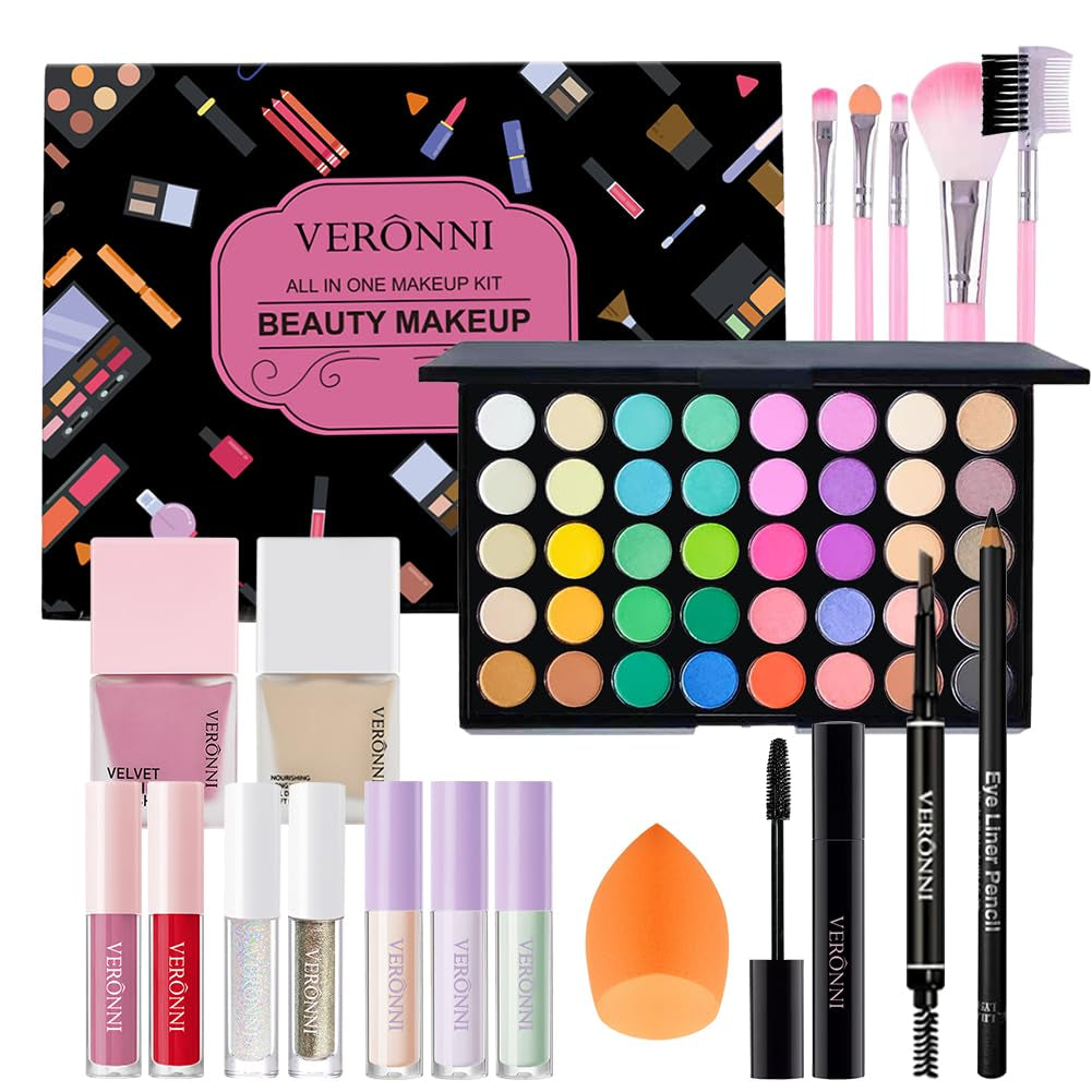 Makeup Kit for Women Full Kit, All in One Makeup Kit with Eyeshadow Eyeliner Eyebrow Lip Gloss Face Makeup & Brushes Full Starter Cosmetics Set for Girls & Teens (Set A)