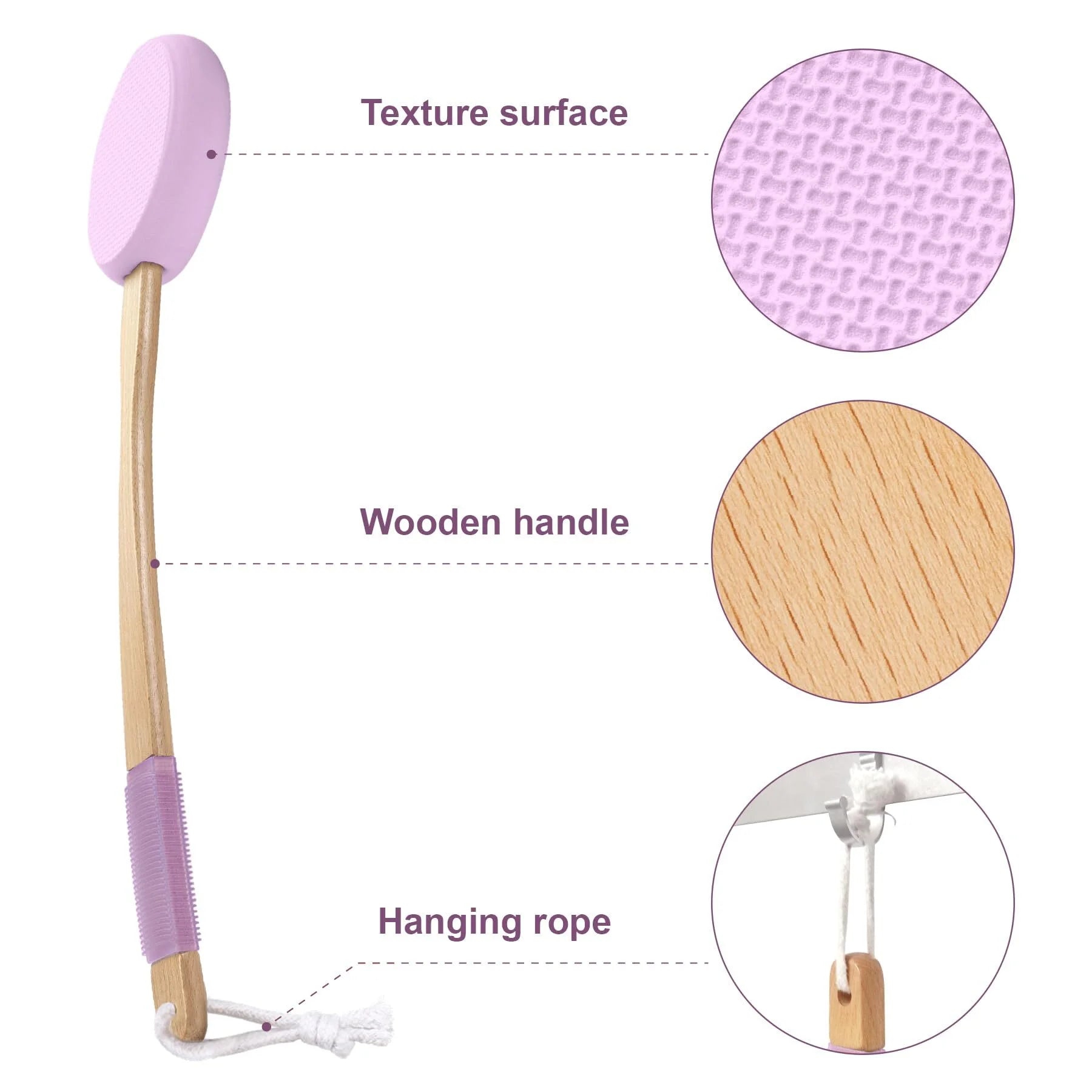 Back Lotion Applicator with Long Handle – 4 Replaceable EVA Pads, Ideal for Elderly and Women, Purple