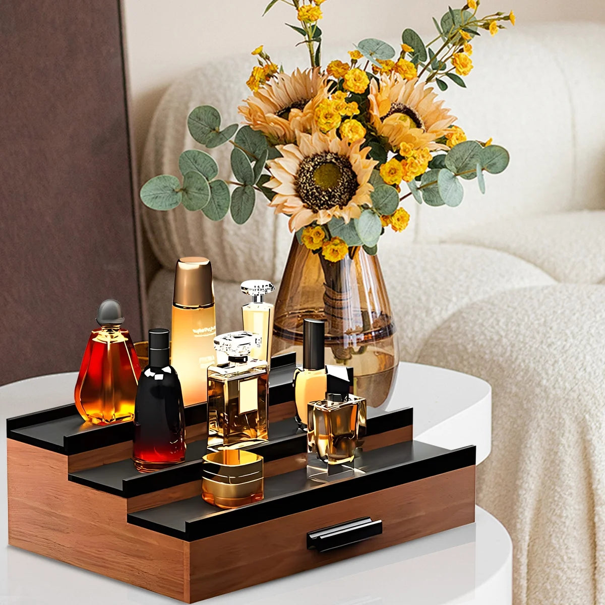 Wooden Cologne Organizer for Men - 3-Tier Perfume Display Shelf with Drawer, Storage Risers, Walnut & Black Finish - Perfect Gift for Him