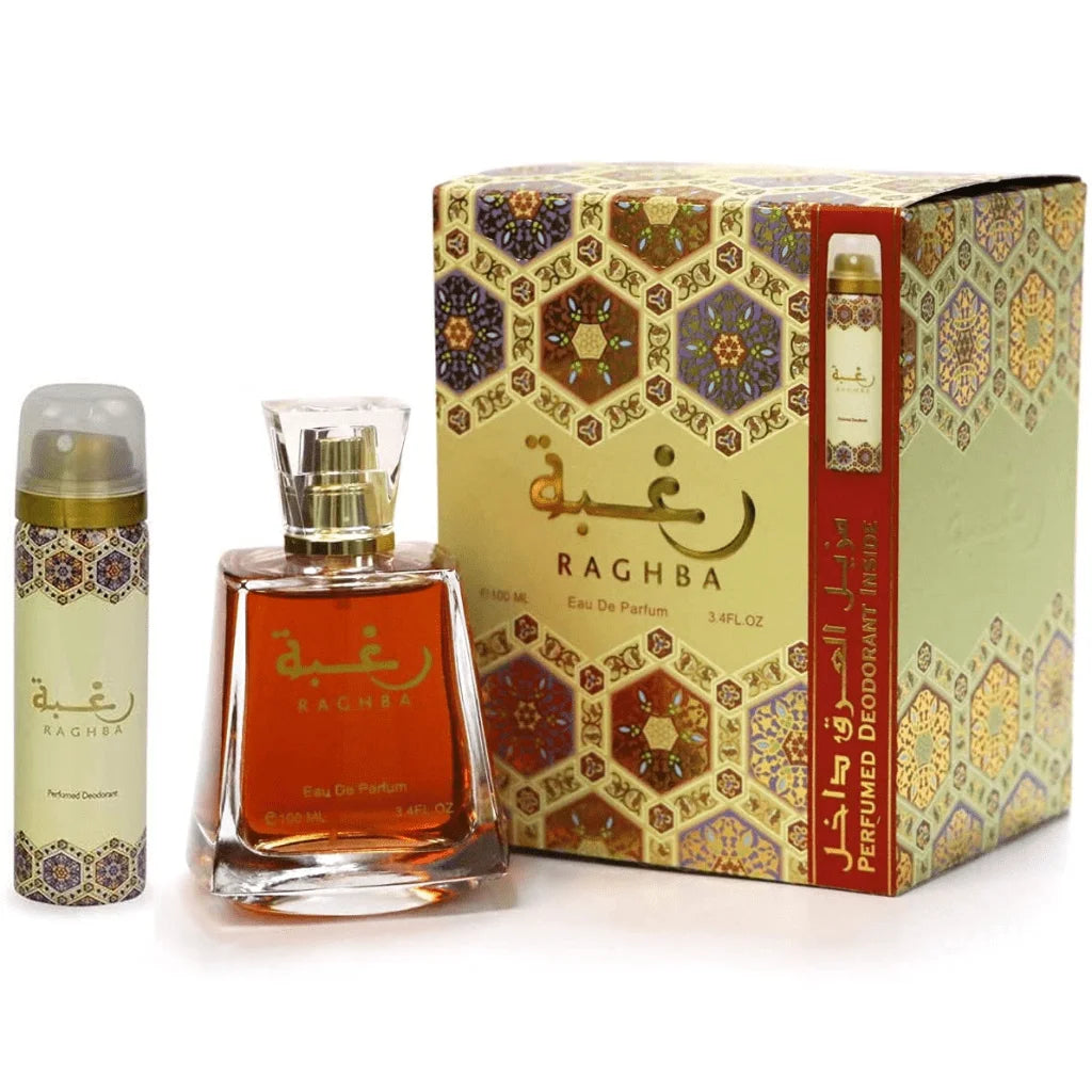 Raghba Eau de Parfum Spray 3.4 Oz (100ml) & Deodorant 1.6 Oz for Unisex