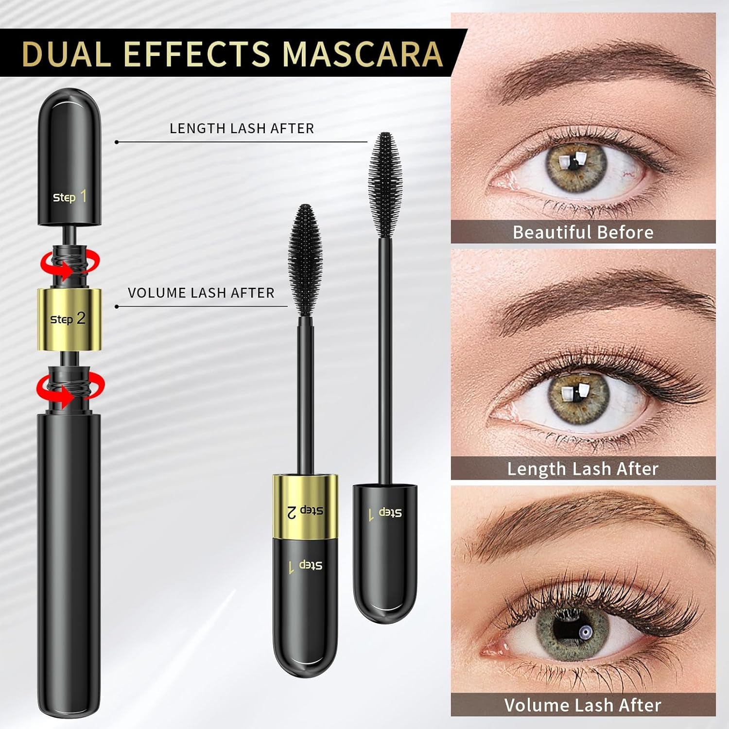 Waterproof Volume Length Mascara 2-In-1 Cool Black Thick Curl Mascara Smudge-Proof No Clumping Long-Lasting