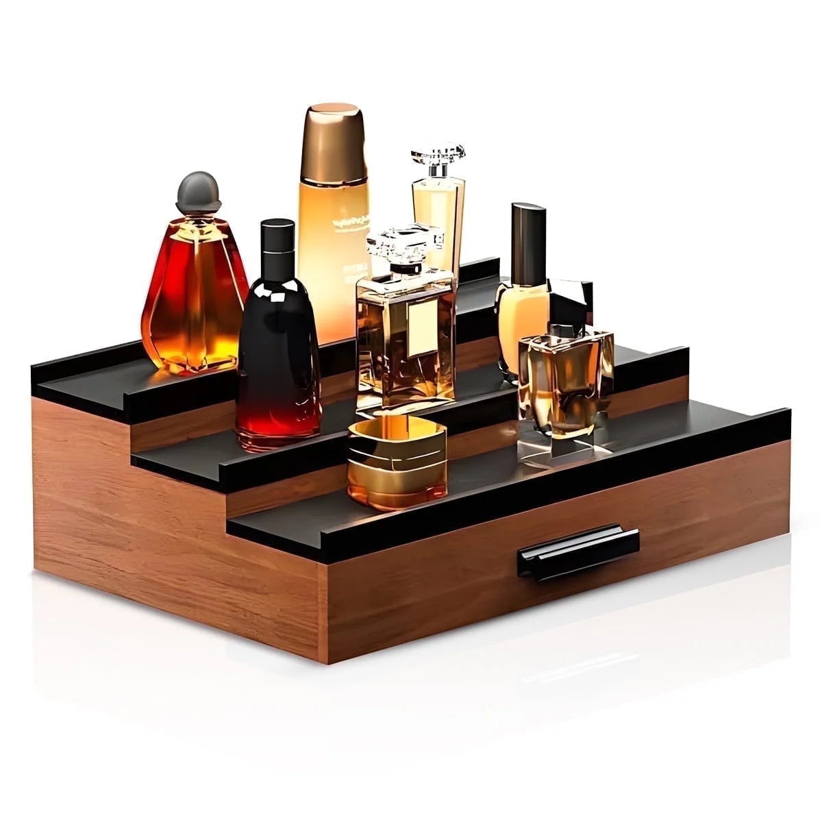 Wooden Cologne Organizer for Men - 3-Tier Perfume Display Shelf with Drawer, Storage Risers, Walnut & Black Finish - Perfect Gift for Him
