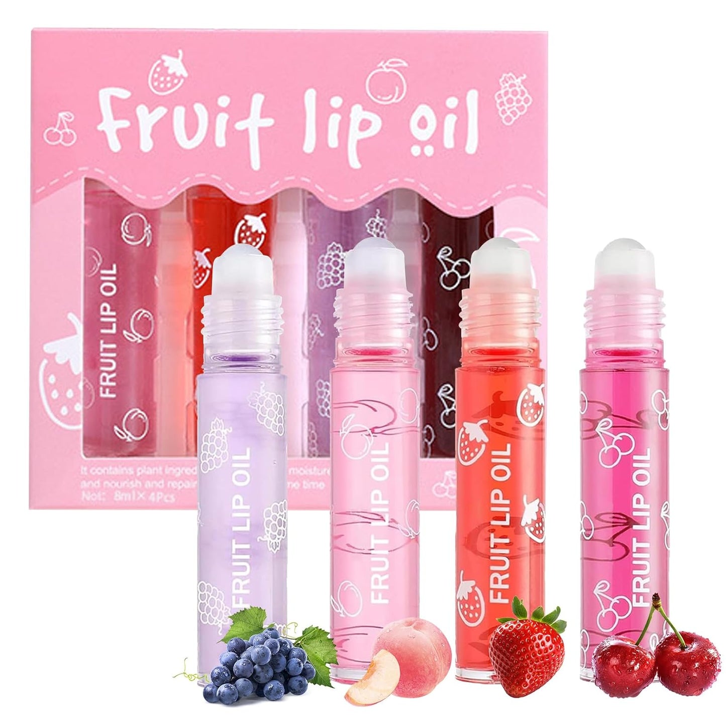 4Pcs Roll-On Lip Oil Set – Fruit Flavored, Hydrating & Plumping Gloss (Non-Sticky)