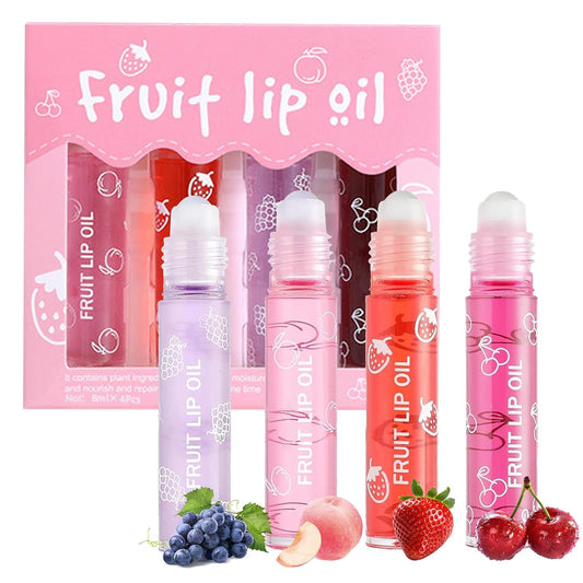 4Pcs Roll-On Lip Oil Set – Fruit Flavored, Hydrating & Plumping Gloss (Non-Sticky)