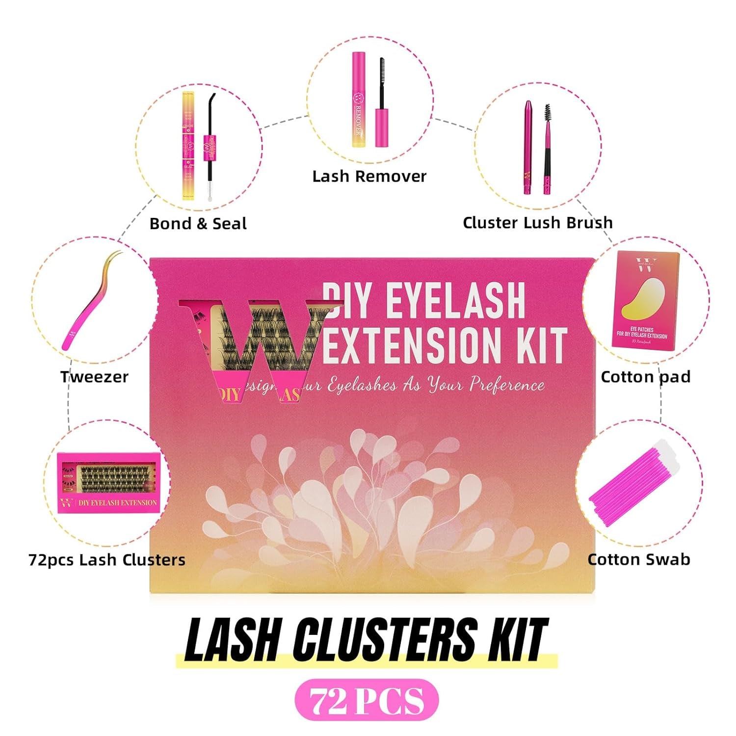 Lash Extension Kit DIY Cluster Lashes Kit with 72 Pcs D Curl Cluster Lashes Wispy Eyelash Bond and Seal Lashes Remover and Eyelash Applicator for Beginner at Home by W(Baby Kit-D-10-16Mm)