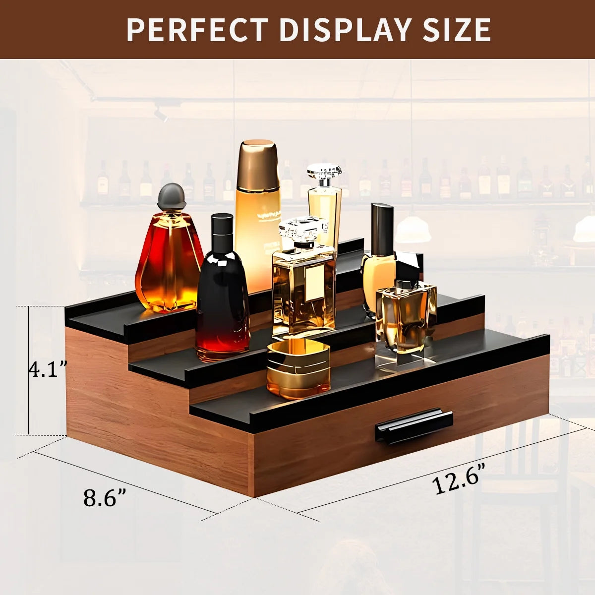 Wooden Cologne Organizer for Men - 3-Tier Perfume Display Shelf with Drawer, Storage Risers, Walnut & Black Finish - Perfect Gift for Him