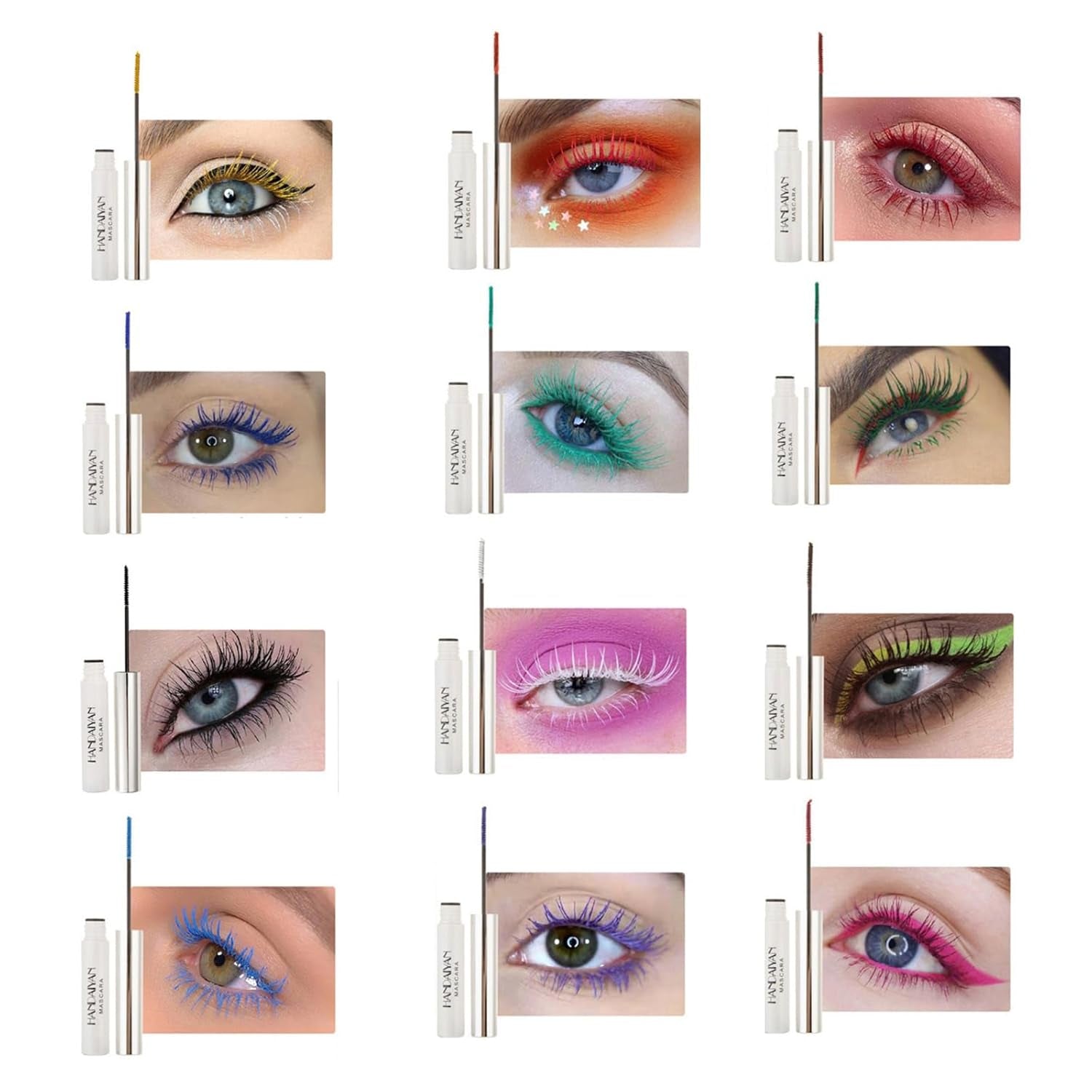 Colored Mascara Sets, 12 Colors Waterproof Colorful Mascara Gift Set, Red Pink Purple Blue White Black Colorful Mascara Charming Long Lasting Voluminous Mascara for Eyelash Eye Makeup