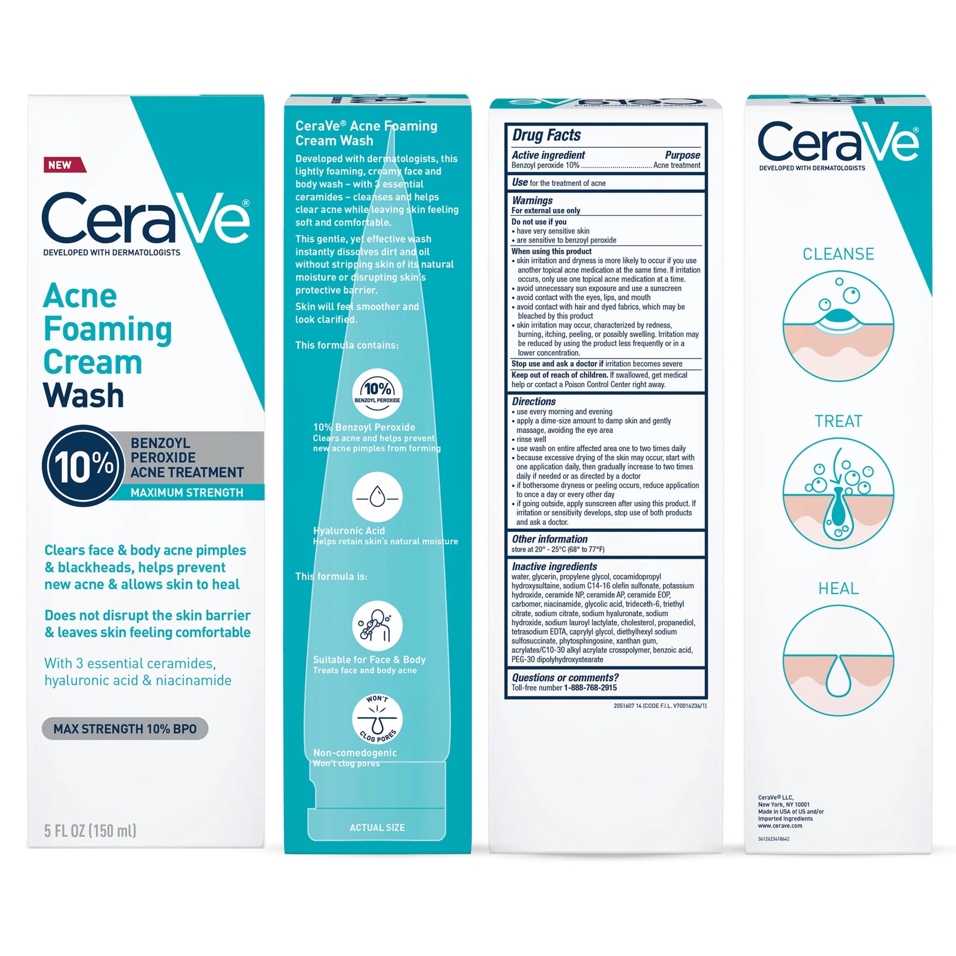 Cera Ve Acne Foaming Cream Wash with 10% Benzoyl Peroxide for Face & Body, 5 Oz