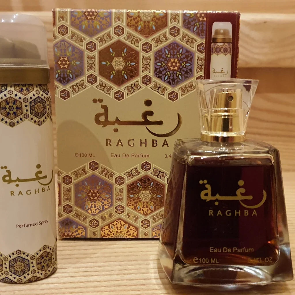 Raghba Eau de Parfum Spray 3.4 Oz (100ml) & Deodorant 1.6 Oz for Unisex