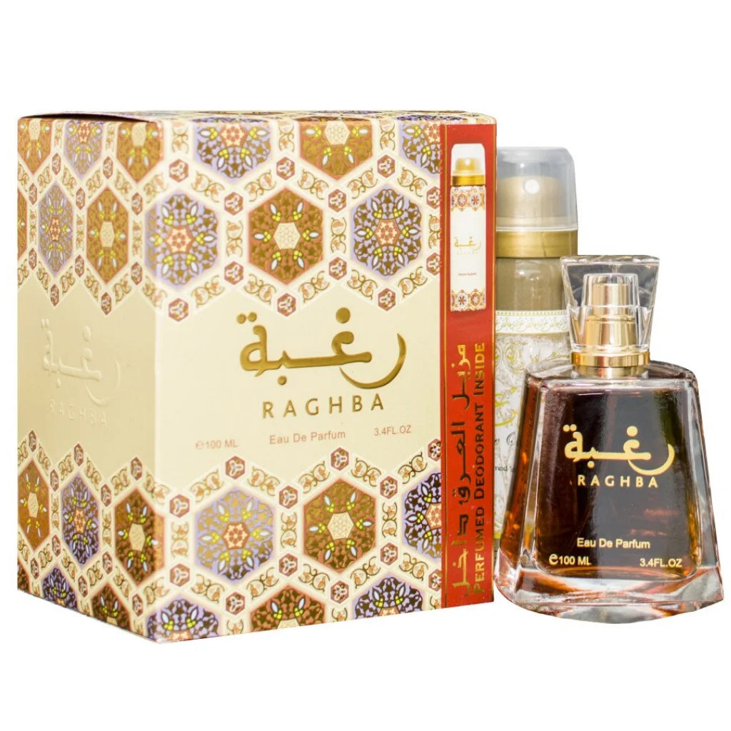 Raghba Eau de Parfum Spray 3.4 Oz (100ml) & Deodorant 1.6 Oz for Unisex