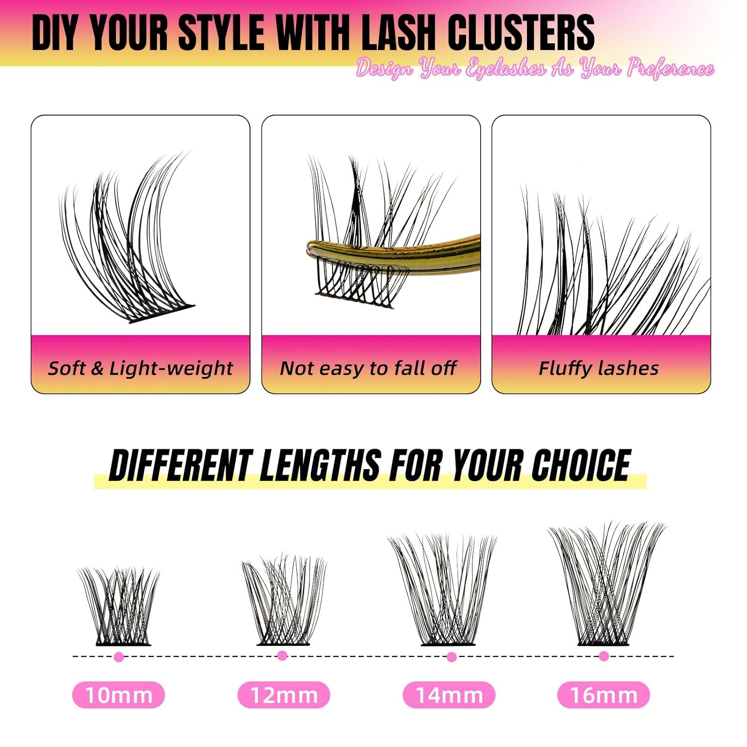 Lash Extension Kit DIY Cluster Lashes Kit with 72 Pcs D Curl Cluster Lashes Wispy Eyelash Bond and Seal Lashes Remover and Eyelash Applicator for Beginner at Home by W(Baby Kit-D-10-16Mm)