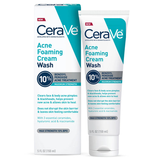 Cera Ve Acne Foaming Cream Wash with 10% Benzoyl Peroxide for Face & Body, 5 Oz