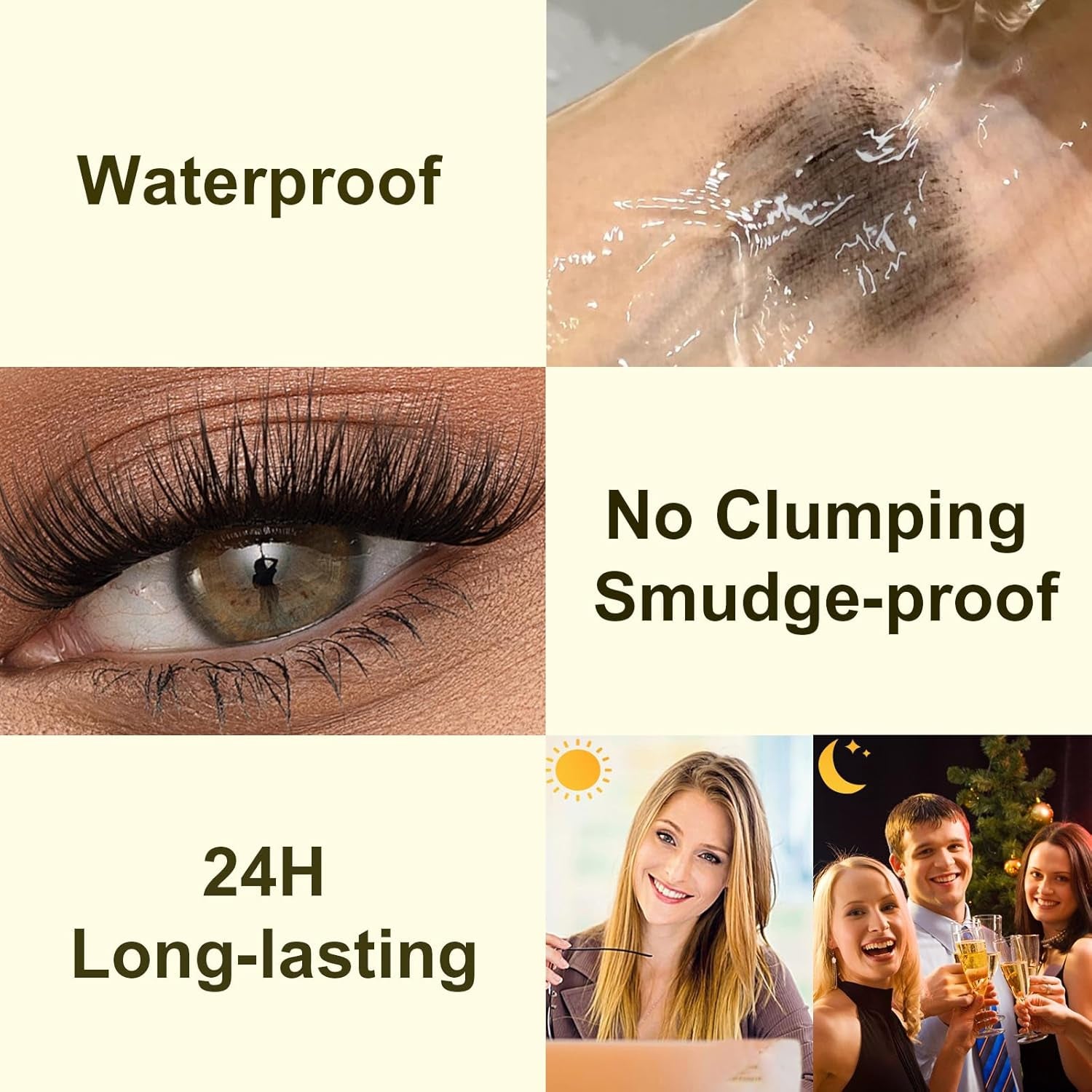Waterproof Volume Length Mascara 2-In-1 Cool Black Thick Curl Mascara Smudge-Proof No Clumping Long-Lasting