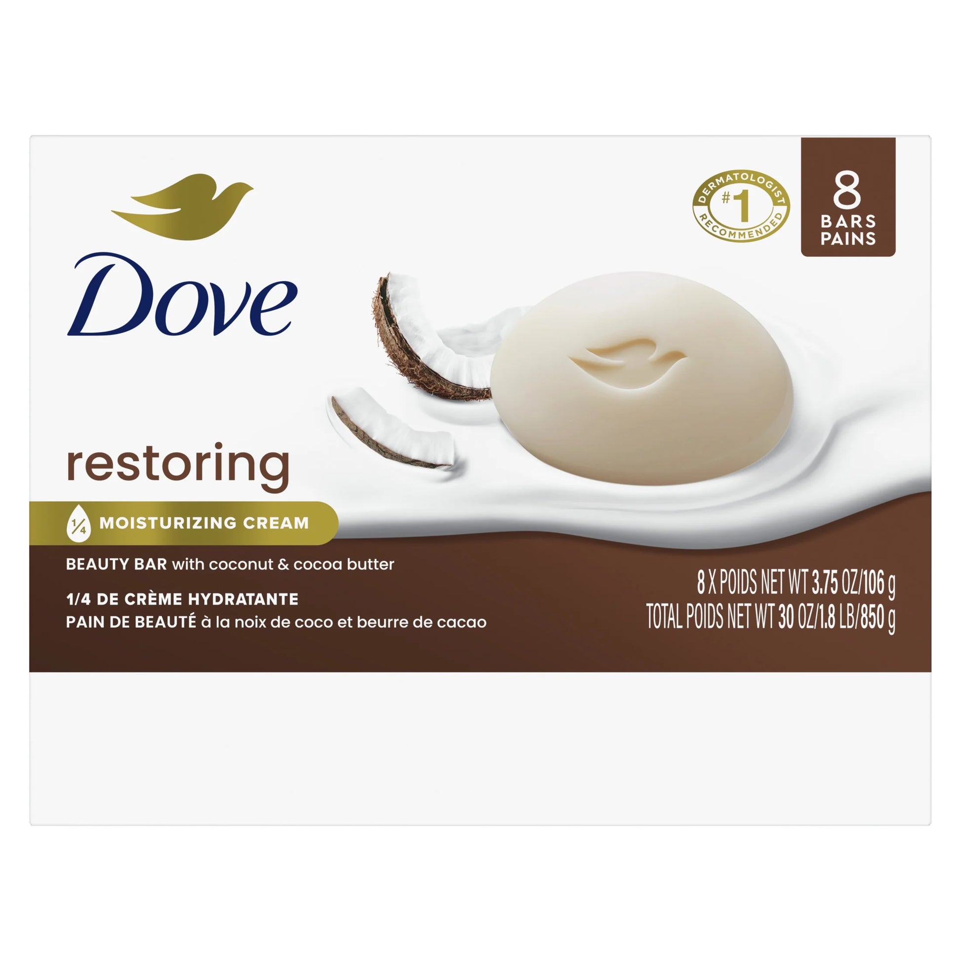 Beauty Bar Soap for Women – Restorative Coconut & Cocoa Butter Formula for All Skin Types, 3.75 oz, Pack of 8 Bars