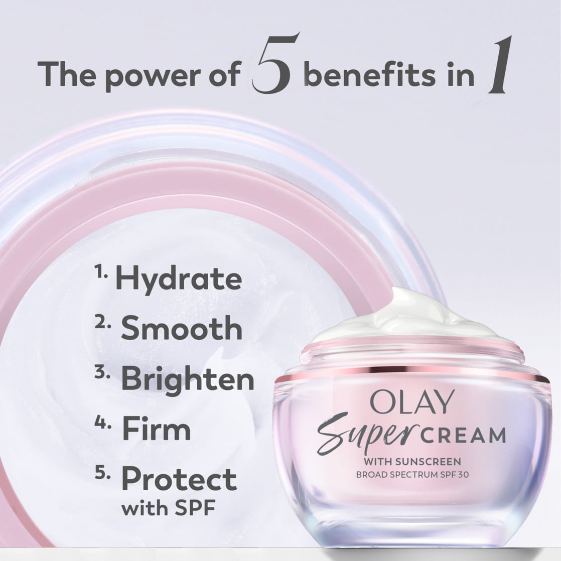 Olay Super Cream with Sunscreen SPF 30, Lightweight Face Moisturizer with Sun Protection, 5-in-1 Skin Care Benefits - Hydrating, Brightening, Firming - Niacinamide, Vitamin C, Collagen Peptide, 1.7oz