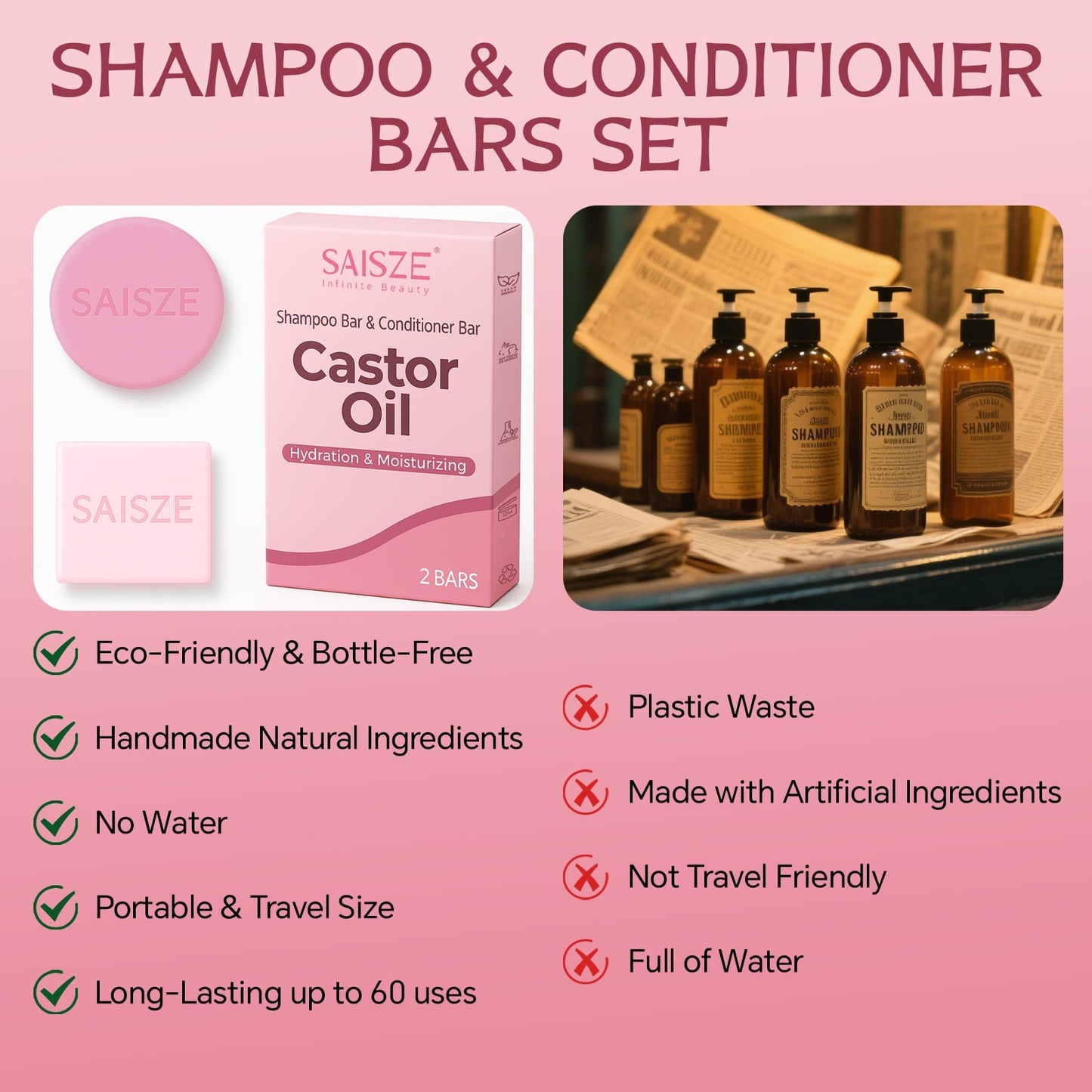 Castor Oil Shampoo & Conditioner Bar Set, 2 Pcs Handmade Travel Shampoo & Conditioner Soap for Hair Hydrating, Moisturizing & Clarifying