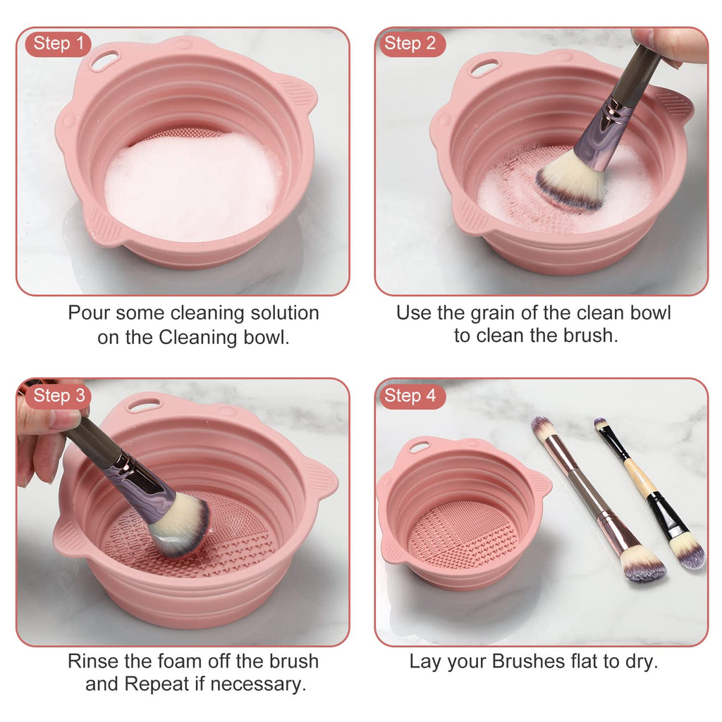 Foldable Silicone Makeup Brush Cleaner Bowl – Portable & Compact (Pink)