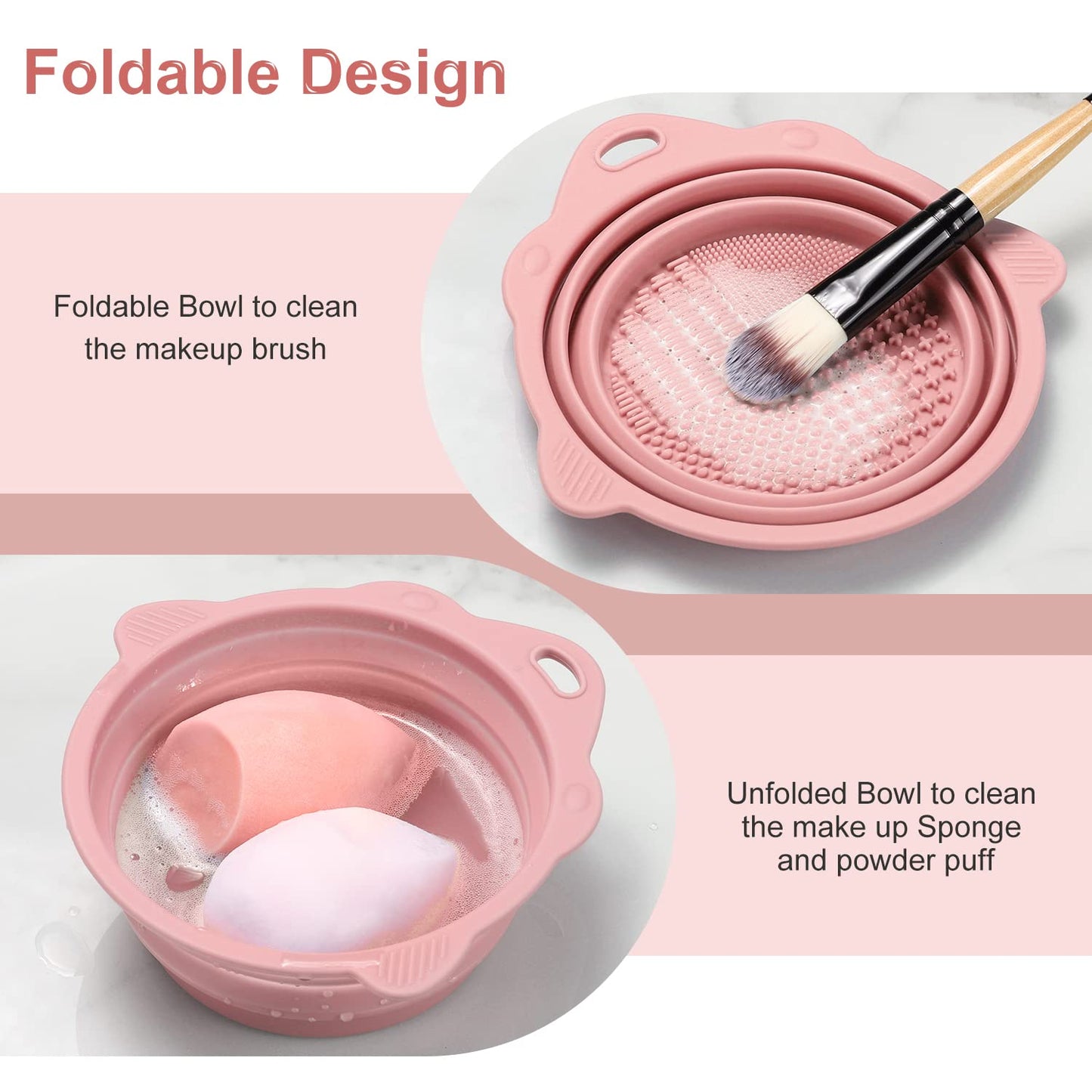 Foldable Silicone Makeup Brush Cleaner Bowl – Portable & Compact (Pink)