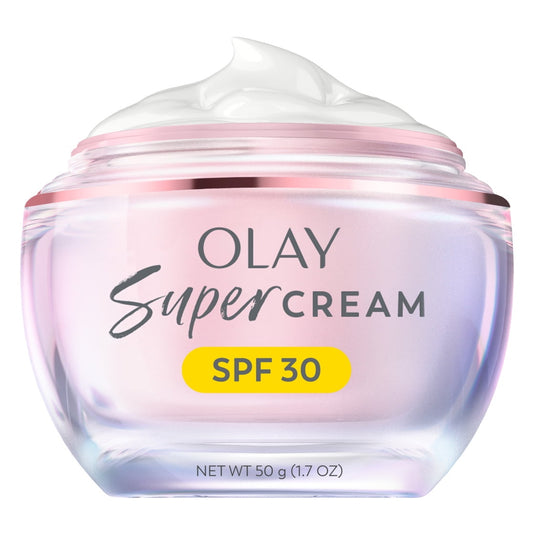 Olay Super Cream with Sunscreen SPF 30, Lightweight Face Moisturizer with Sun Protection, 5-in-1 Skin Care Benefits - Hydrating, Brightening, Firming - Niacinamide, Vitamin C, Collagen Peptide, 1.7oz