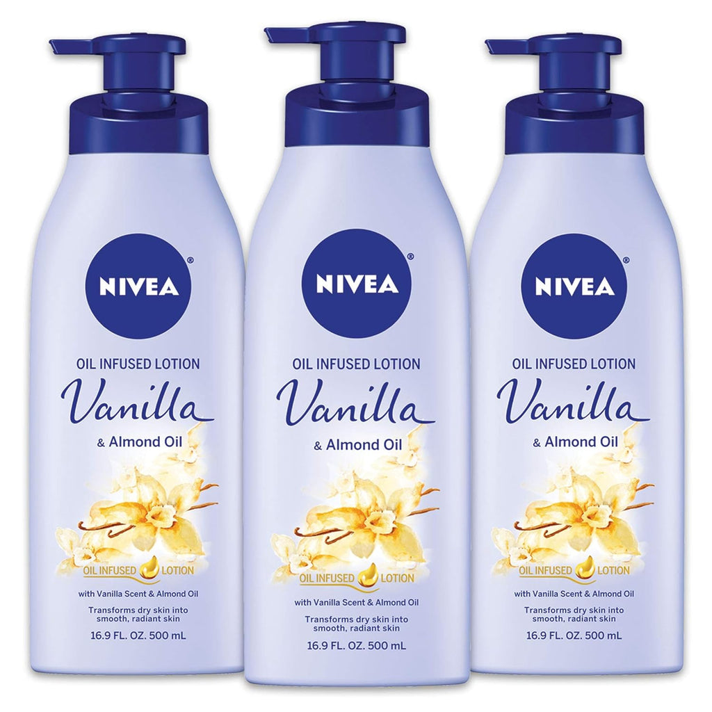 Oil Infused Vanilla and Almond Oil Body Lotion for Women, Fast-Absorbing and Non-Greasy Vanilla Scented Lotion Moisturizes for 48 Hours, 16.9 Fl Oz Pump Bottle, Pack of 3