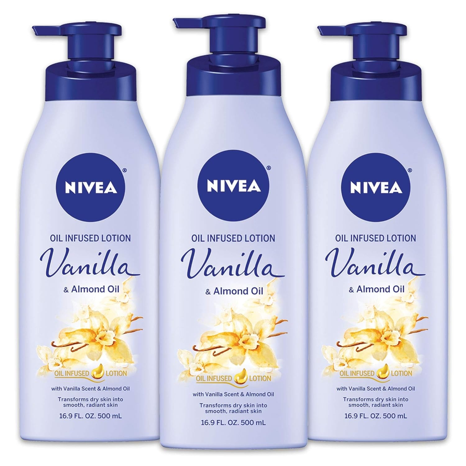 Oil Infused Vanilla and Almond Oil Body Lotion for Women, Fast-Absorbing and Non-Greasy Vanilla Scented Lotion Moisturizes for 48 Hours, 16.9 Fl Oz Pump Bottle, Pack of 3