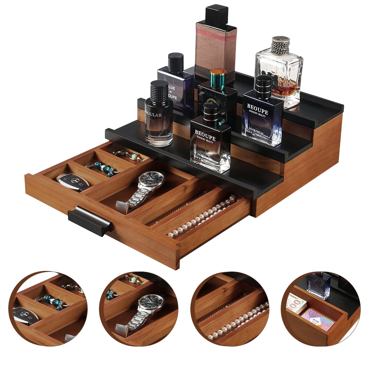 Wooden Cologne Organizer for Men - 3-Tier Perfume Display Shelf with Drawer, Storage Risers, Walnut & Black Finish - Perfect Gift for Him