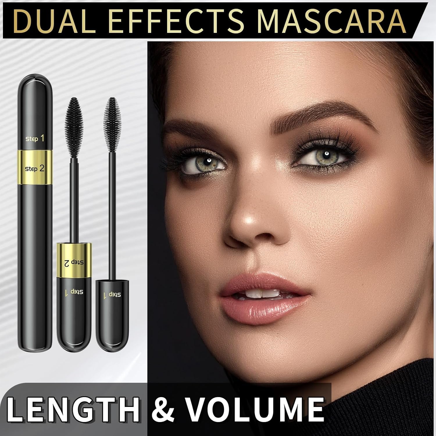 Waterproof Volume Length Mascara 2-In-1 Cool Black Thick Curl Mascara Smudge-Proof No Clumping Long-Lasting