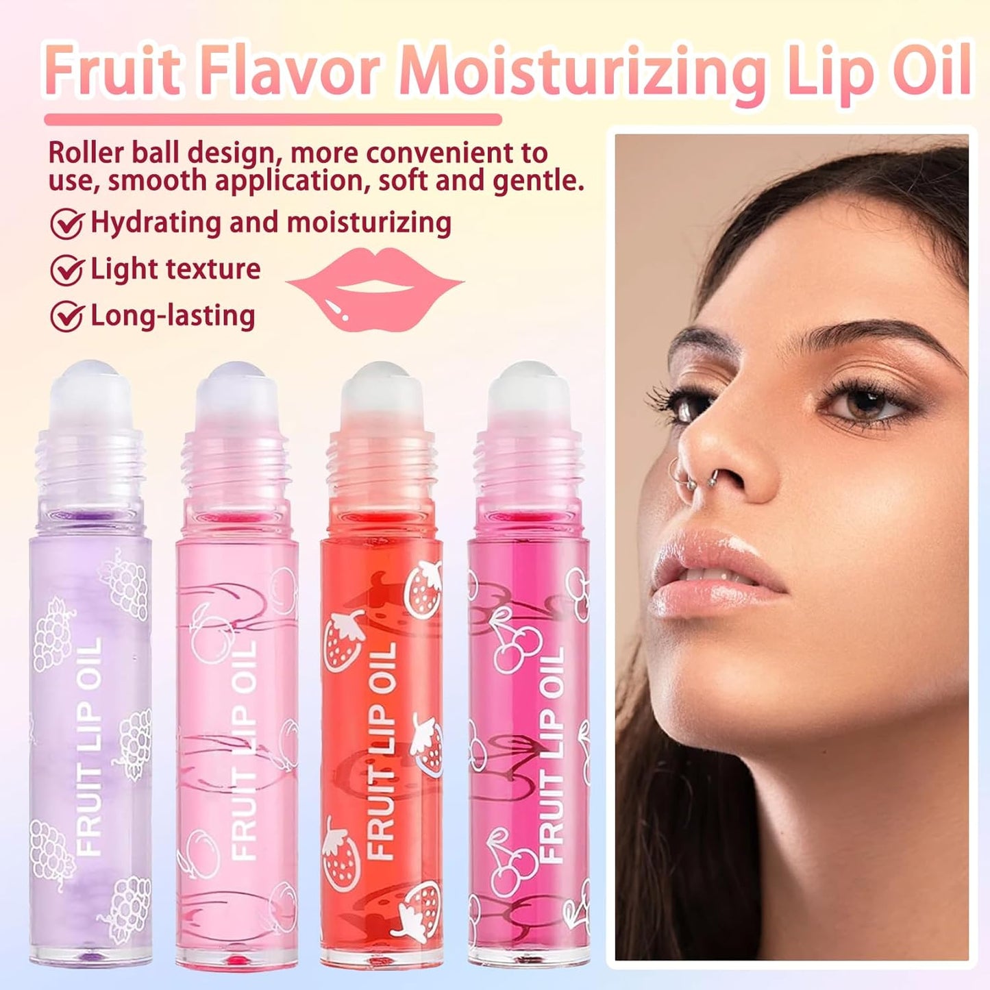 4Pcs Roll-On Lip Oil Set – Fruit Flavored, Hydrating & Plumping Gloss (Non-Sticky)