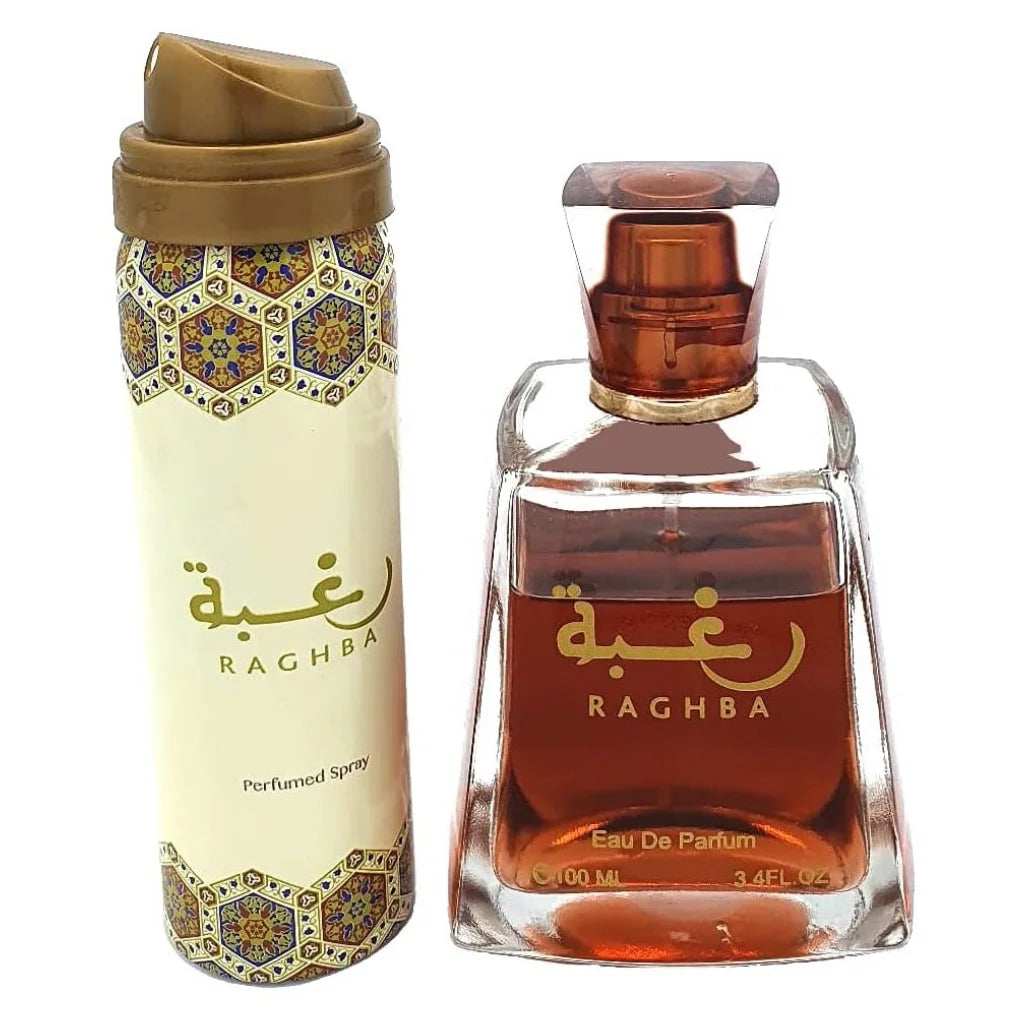Raghba Eau de Parfum Spray 3.4 Oz (100ml) & Deodorant 1.6 Oz for Unisex