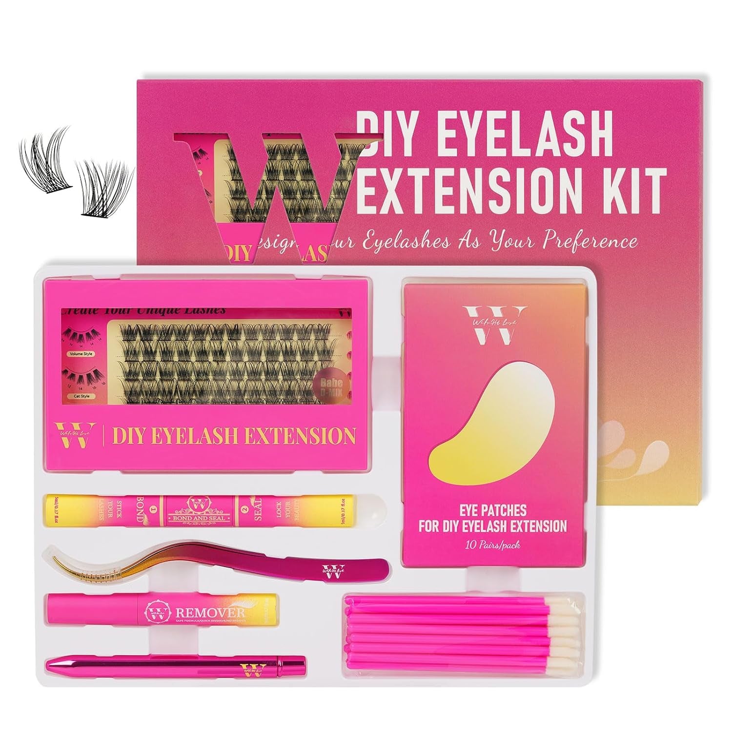 Lash Extension Kit DIY Cluster Lashes Kit with 72 Pcs D Curl Cluster Lashes Wispy Eyelash Bond and Seal Lashes Remover and Eyelash Applicator for Beginner at Home by W(Baby Kit-D-10-16Mm)