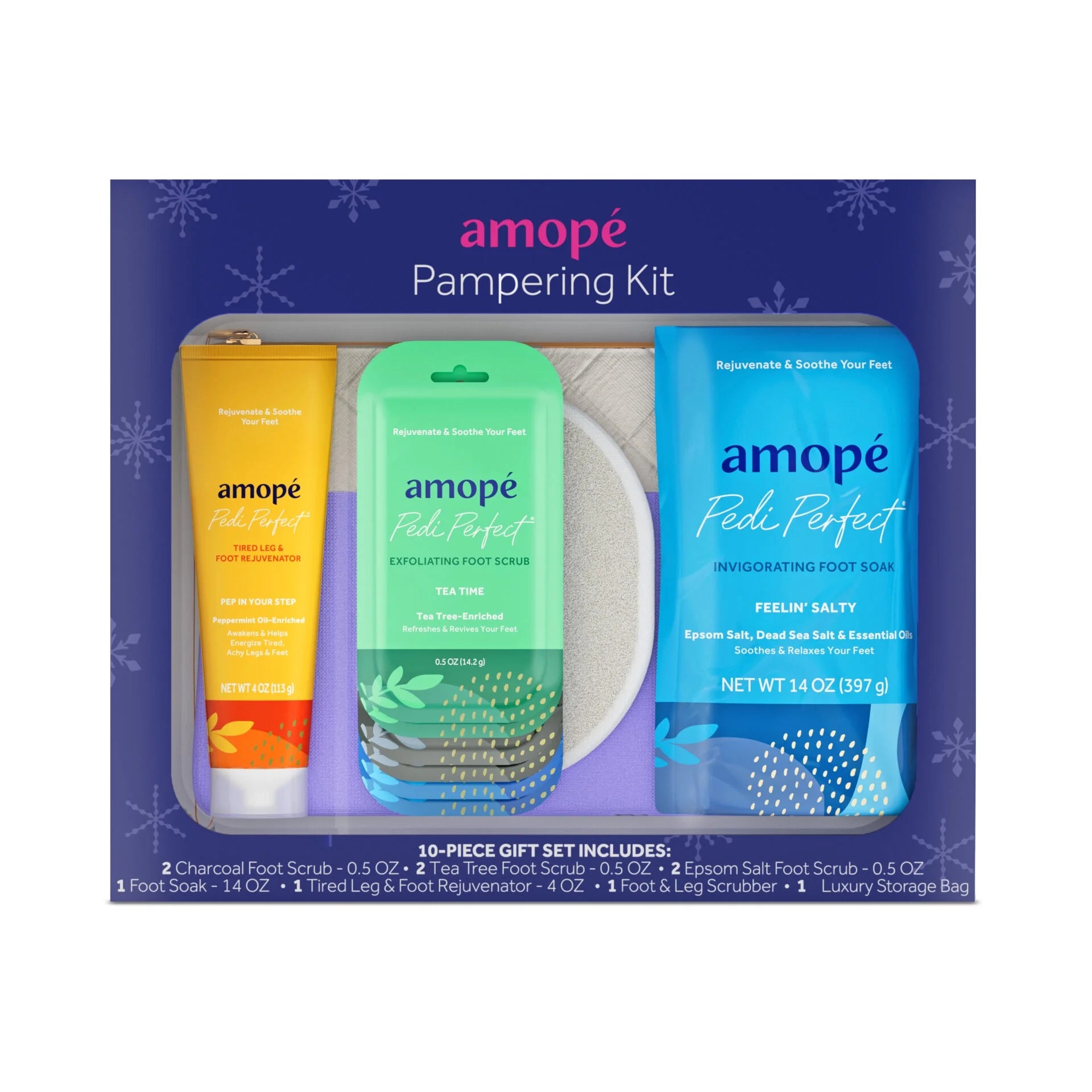 Amopé Pampering Foot Care Kit – Foot Scrubs, Foot Soak, Leg & Foot Scrubber, Storage Bag – 1 Kit