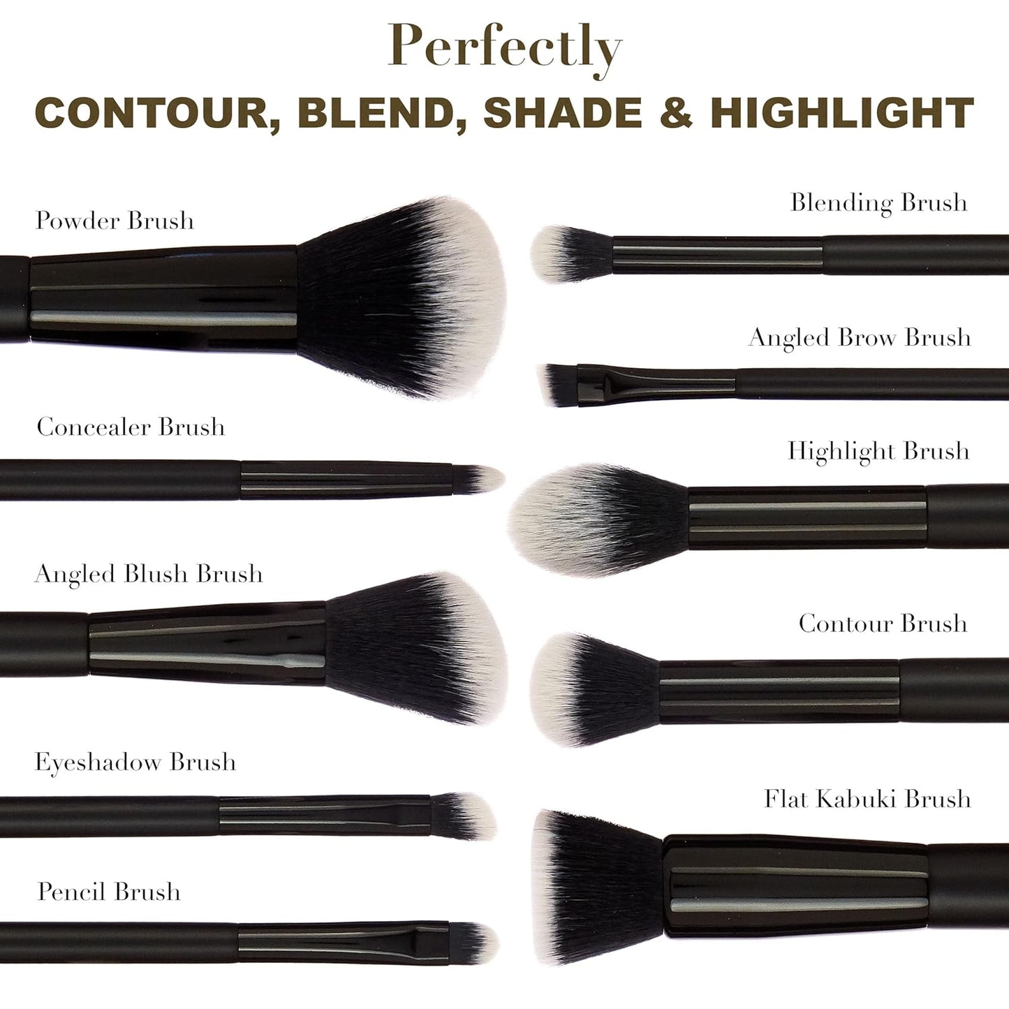 10Pc Pro Makeup Brush Set in Black - 10 Quality Soft Bristle Makeup Brushes for Everyday Use - Professional Makeup Brushes & Tools