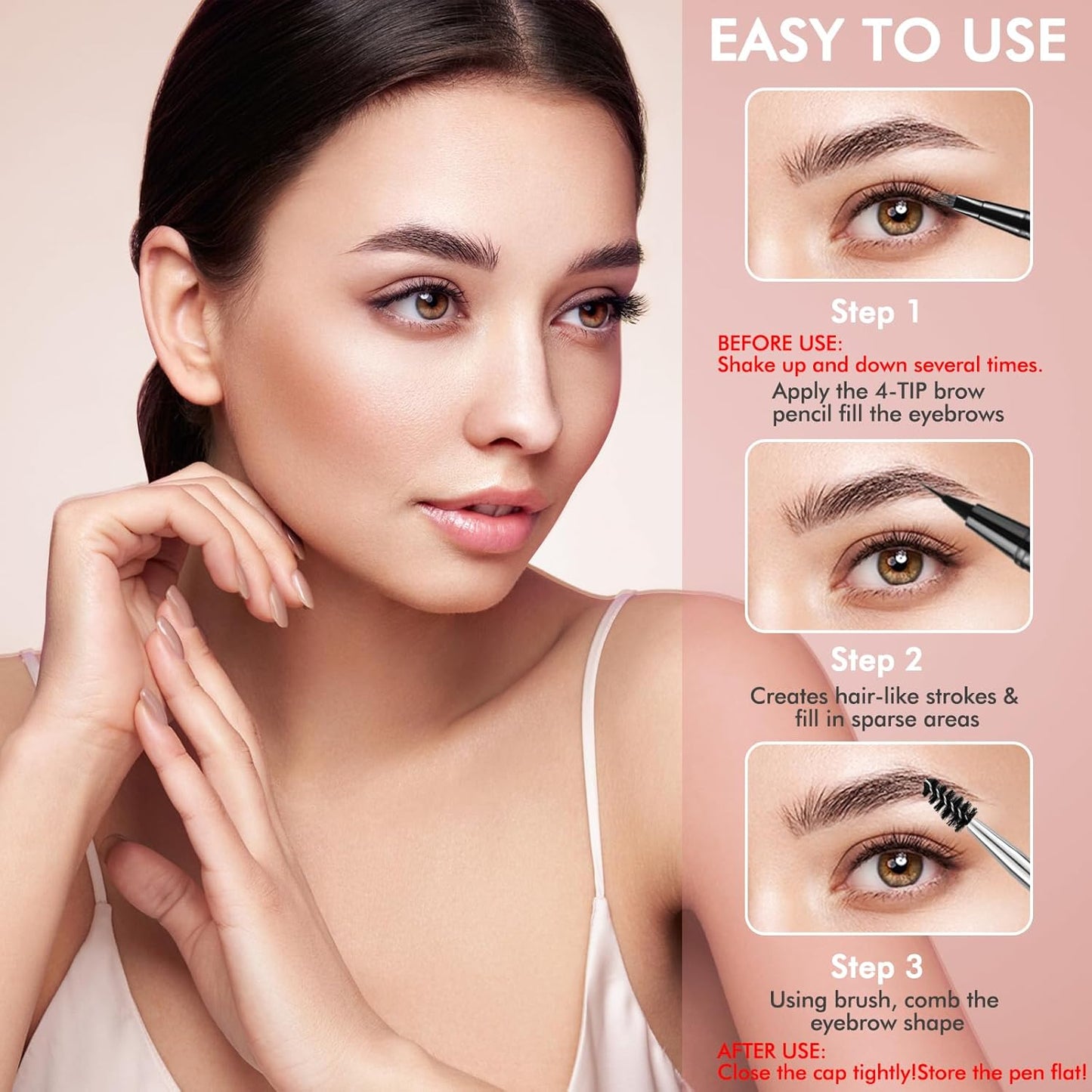 Eyebrow Pencil,2-In-1 Waterproof Eyebrow Pen with 4 Tip Brow Pen and Ultra-Precise Brow Pencil,With Dual-Ended Eyebrow Brush,Eyebrow Makeup for Natural Looking Eyebrows - Dark Brown