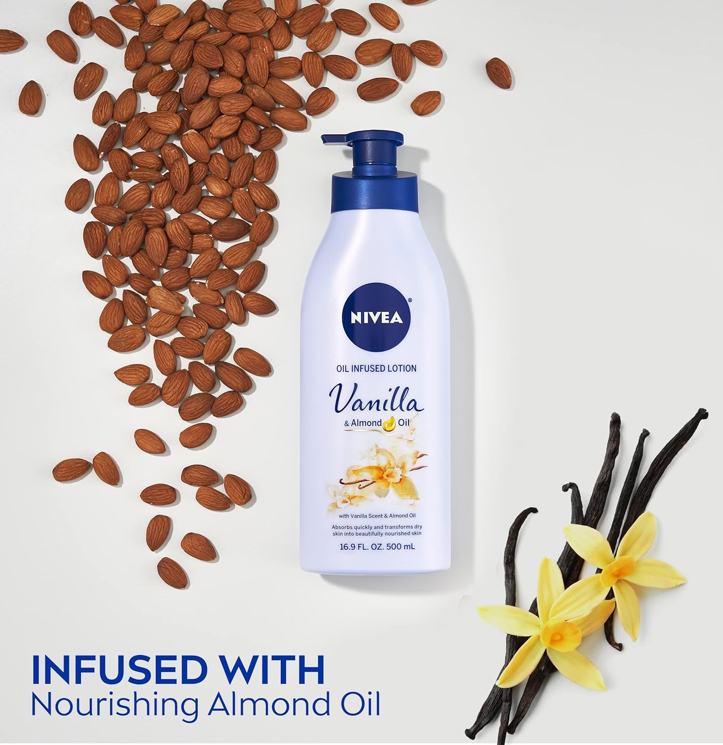 Oil Infused Vanilla and Almond Oil Body Lotion for Women, Fast-Absorbing and Non-Greasy Vanilla Scented Lotion Moisturizes for 48 Hours, 16.9 Fl Oz Pump Bottle, Pack of 3