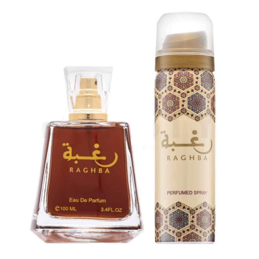Raghba Eau de Parfum Spray 3.4 Oz (100ml) & Deodorant 1.6 Oz for Unisex