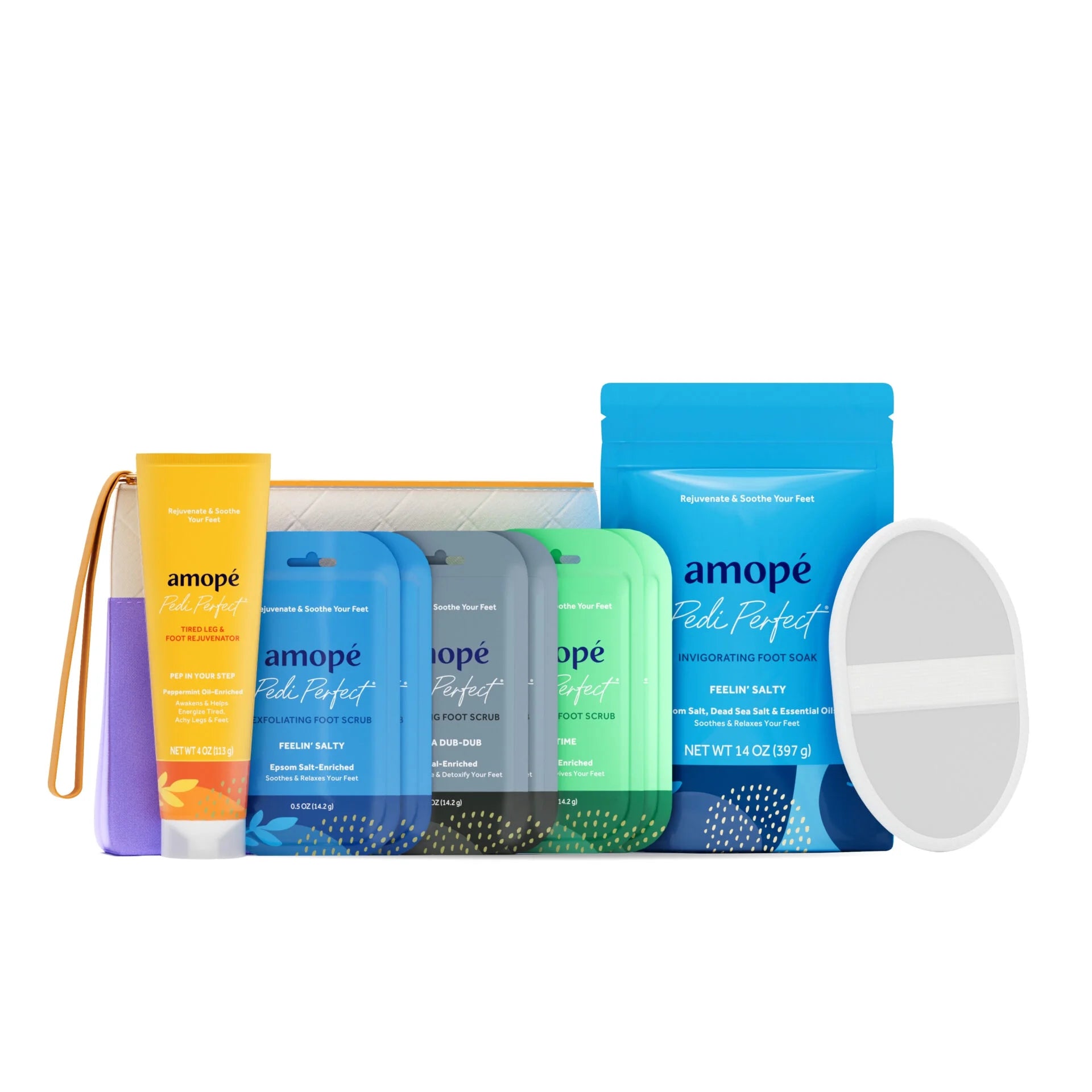 Amopé Pampering Foot Care Kit – Foot Scrubs, Foot Soak, Leg & Foot Scrubber, Storage Bag – 1 Kit